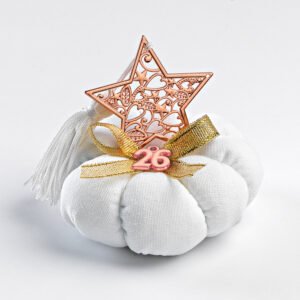 Υφασμάτινο Γούρι 2026: Λευκή Κολοκύθα, Αστέρι με Καρδιές (Rose Gold)