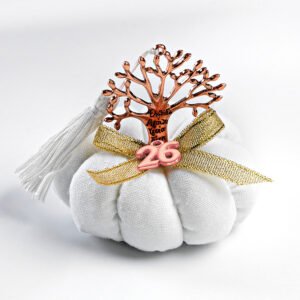 Γούρι 2026 Λευκή Υφασμάτινη Κολοκύθα με Ροζ Χρυσό Δέντρο της Ζωής με Ευχές