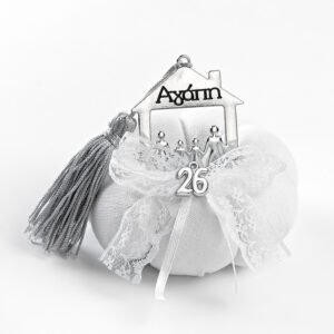 Γούρι 2026 Λευκή Υφασμάτινη Κολοκύθα με Ασημί Σπίτι και Οικογένεια