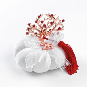 Υφασμάτινο Γούρι 2026: Λευκή Κολοκύθα, Δέντρο με Καρδιές (Rose Gold)