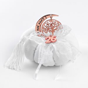 Γούρι 2026 Λευκή Υφασμάτινη Κολοκύθα με Ροζ Χρυσό Δέντρο της Ζωής και Φεγγάρι