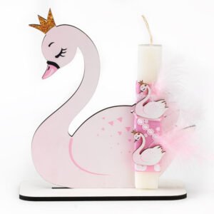 Αρωματική Λαμπάδα 20cmΠάνω σε Ξύλινη Βάση με Θέμα Ροζ Κύκνος