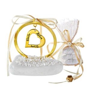 Λευκό Ακανόνιστο Βότσαλο με Χρυσό Μεταλλικό Κύκλο και Καρδιά με Ευχές
