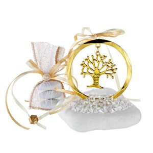 Λευκό Ακανόνιστο Βότσαλο με Χρυσό Μεταλλικό Κύκλο και Δέντρο της Ζωής