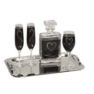 Στολισμένο Γαμήλιο Σετ Δίσκος Καράφα με τρία Ποτήρια Heart