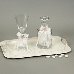 Στολισμένο Γαμήλιο Σετ Δίσκος Καράφα με ένα Ποτήρι με Δαντέλα