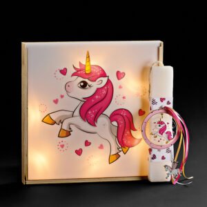 Αρωματική Πασχαλινή Λαμπάδα με Ξύλινο Φωτιζόμενο Κάδρο με Εκτυπωμένο Θέμα Μονόκερος σε Plexiglass