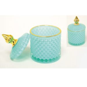 Τιρκουάζ Γυάλινη Κυλινδρική Φοντανιέρα με Καπάκι και Χρυσές Λεπτομέρειες