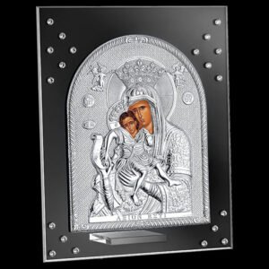 Χειροποίητη Ασημένια Εικόνα Άξιον Εστί σε Κρύσταλλο με Πέτρες Swarovski 16x13cm