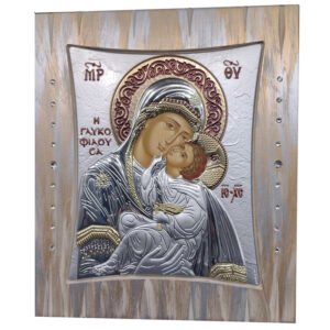 Χειροποίητη Ασημένια Θρησκευτική Εικόνα Παναγία η Γλυκοφιλούσα σε Ξύλο με Πέτρες Swarovski 33x28cm
