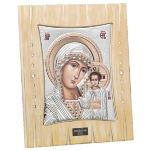 Χειροποίητη Ασημένια Θρησκευτική Εικόνα Παναγία Καζάνσκα σε Ξύλο με Πέτρες Swarovski 32x28cm