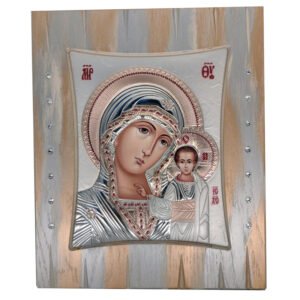Χειροποίητη Ασημένια Θρησκευτική Εικόνα Παναγία Καζάνσκα σε Ξύλο με Πέτρες Swarovski 23x19cm