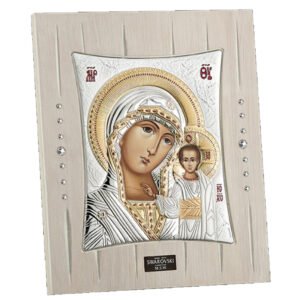 Χειροποίητη Ασημένια Θρησκευτική Εικόνα Παναγία Καζάνσκα σε Ξύλο με Πέτρες Swarovski 23x19cm
