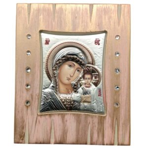 Χειροποίητη Ασημένια Θρησκευτική Εικόνα Παναγία Καζάνσκα σε Ξύλο με Πέτρες Swarovski 23x19cm