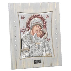 Χειροποίητη Ασημένια Θρησκευτική Εικόνα Παναγία η Γλυκοφιλούσα σε Ξύλο με Πέτρες Swarovski 34x28cm