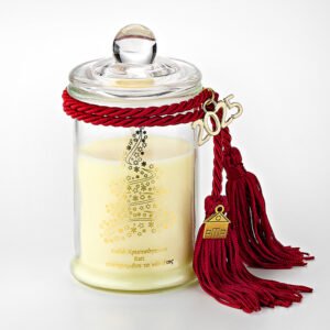 Γούρι 2025 Γυάλινο Βαζάκι με Εκρού Κερί και Μπορντό Φούντες