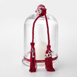 Γούρι 2025 Γυάλινη Καμπάνα με Κερί και Μπορντό Φούντες