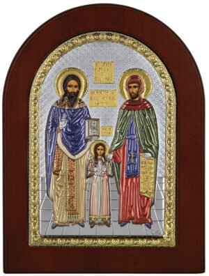 Ασημένια Εικόνα ο Άγιος Ραφαήλ, ο Άγιος Νικόλαος και η Αγία Ειρήνη 15cmx21cm