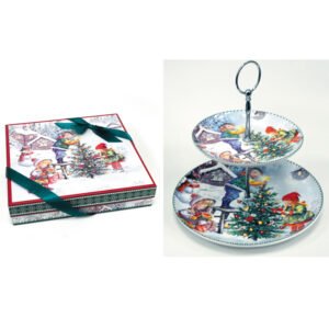 Χριστουγεννιάτικος Πορσελάνινος Διώροφος Δίσκος με Κουτί Δώρου