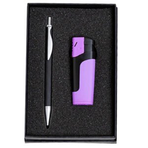 Σετ Κασετίνα με Μεταλλικό Στυλό και Αντιανεμικό Αναπτήρα σε Μωβ Χρώμα