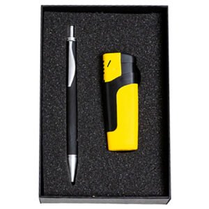 Σετ Κασετίνα με Μεταλλικό Στυλό και Αντιανεμικό Αναπτήρα σε Κίτρινο Χρώμα