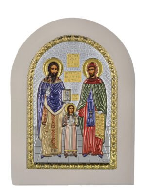 Ασημένια Εικόνα ο Άγιος Ραφαήλ, ο Άγιος Νικόλαος και η Αγία Ειρήνη 15cmx21cm