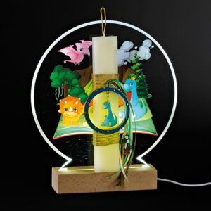 Αρωματική Πασχαλινή Λαμπάδα σε Plexiglass Πλάτη Πάνω σε Ξύλινη LED Βάση με Θέμα Δεινόσαυροι