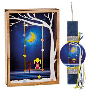 Χειροποίητη Πασχαλινή Λαμπάδα για Κορίτσι με Ξύλινο Καδράκι – Κούνια στο Φεγγάρι