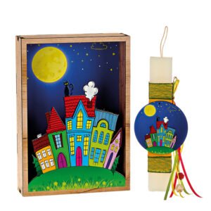 Αρωματική Πασχαλινή Λαμπάδα με Ξύλινο Κάδρο με Εκτυπωμένο Θέμα Σπίτια στο Φεγγαρόφωτος