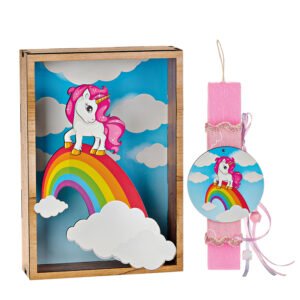 Αρωματική Πασχαλινή Λαμπάδα με Ξύλινο Κάδρο με Εκτυπωμένο Θέμα Μονόκερος