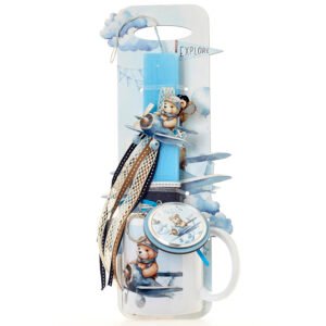 Πασχαλινή Λαμπάδα και Κούπα με Θέμα Αρκούδος Πιλότος Πάνω σε Ξύλινη Πλάτη