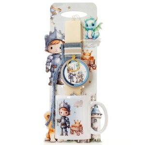 Πασχαλινή Λαμπάδα και Κούπα με Θέμα Ιππότης Δράκος Πάνω σε Ξύλινη Πλάτη