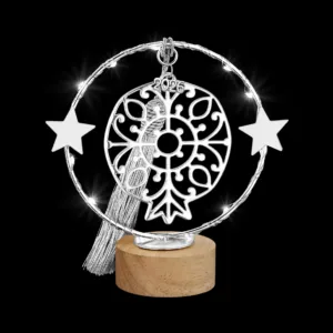 Φωτιζόμενο Γούρι 2026: Ασημί Ρόδι σε Ξύλινη Βάση | Επιτραπέζιο