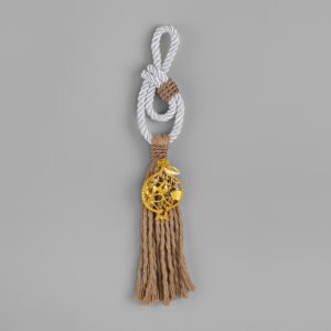 Γούρι 2026 με Λευκό Κορδόνι & Χρυσό Ρόδι – Κρεμαστό Γούρι με Φούντα