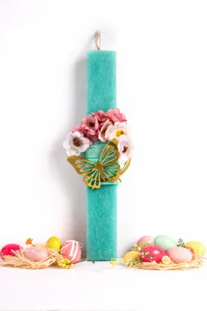 Χειροποίητη Αρωματική Πασχαλινή Λαμπάδα "Karaververis" Βεραμάν με Χρυσή Πεταλούδα & Λουλούδια